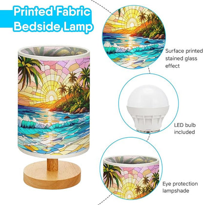 Tropical Island and Blue Ocean Table Lamp LED 3-Color Pressed Bedside, Tropical Island and Blue Ocean Shade Lamp with Wood Base for Bedroom Living Room Desk Office TL01