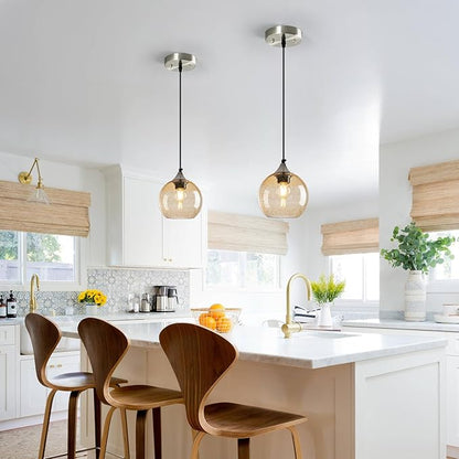 Light Brown Glass Pendant Lights Kitchen Island Globe Pendant Light Fixtures Modern Pendant Lighting for Bedroom Living Dining Room Light Fixture (5.9 in, 3 Pack)