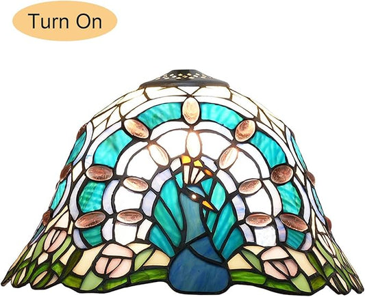 12 Inch Red Blue Peacock Lamp Shade Replacement, Only Tiffany Style Stained Glass Lampshades, Retro Bird Light Cover for Bedside Reading Lamp Kitchen Lamp Study Lamp Desk Lamp,Blue