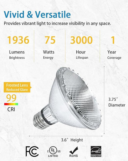 Par30 75W Short Neck Halogen Flood Light Bulbs, E26 Medium Base, 2700K Warm Lighting, 120V, Long Lasting Life High Output Reflector Flood Lights 6PCS