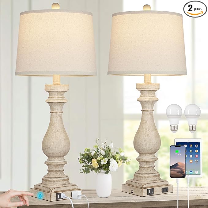 29" Farmhouse Table Lamp for Living Room Set of 2,Vintage Bedside Lamps with USB C+A Ports & AC Outlet,3-Way Dimmable Touch Control White Washed Finish Nightstand Lamp for Bedroom,Beige