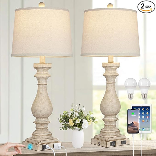 29" Farmhouse Table Lamp for Living Room Set of 2,Vintage Bedside Lamps with USB C+A Ports & AC Outlet,3-Way Dimmable Touch Control White Washed Finish Nightstand Lamp for Bedroom,Beige