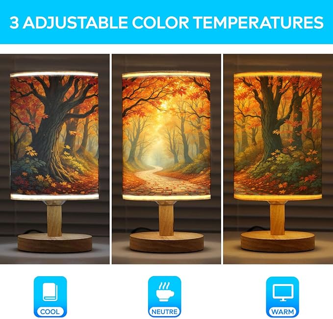 Autumn Forest Table Lamp LED 3-Color Pressed Bedside, Autumn Forest Shade Lamp with Wood Base for Bedroom Living Room Desk Office TL01