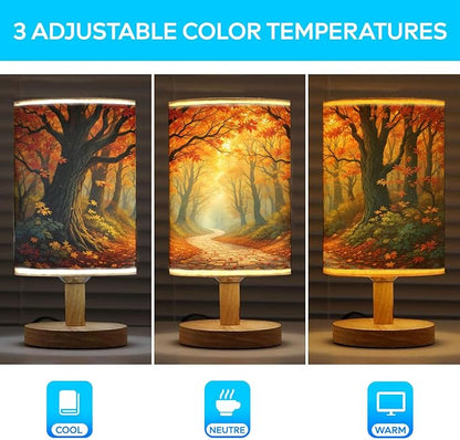 Autumn Forest Table Lamp LED 3-Color Pressed Bedside, Autumn Forest Shade Lamp with Wood Base for Bedroom Living Room Desk Office TL01