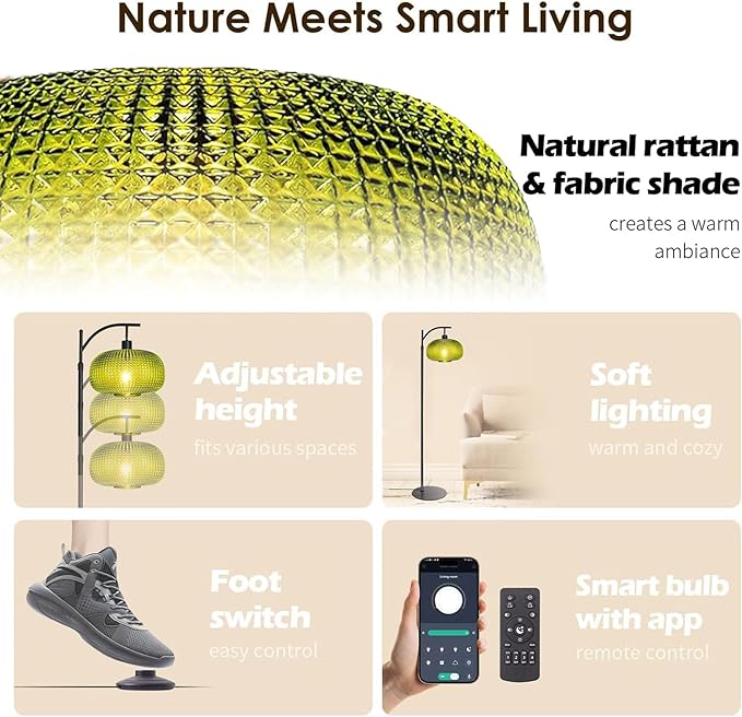 Floor Lamp for Living Room with Green Glass Shade, Modern Standing Lamp with Remote Control, Black Dimmable Tall Lamp for Bedroom Office with 12 LED Bulb