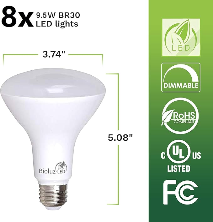 Bioluz LED 8 Pack BR30 LED Bulbs Indoor Flood Lights 90+ CRI 75W Equivalent uses 9.5W 3000K Soft White 850 Lumens E26 Base Dimmable Instant On Interior Home Décor UL Listed FCC RoAS Title 20 Certified