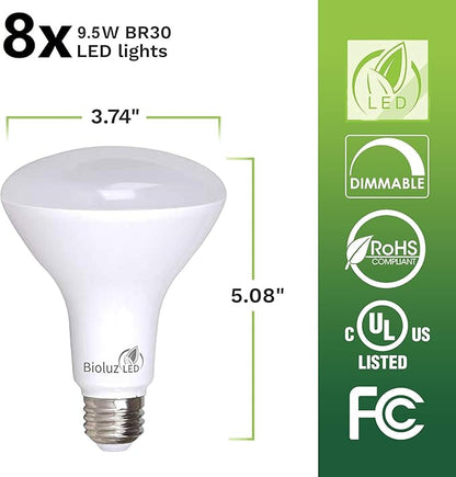 Bioluz LED 8 Pack BR30 LED Bulbs Indoor Flood Lights 90+ CRI 75W Equivalent uses 9.5W 3000K Soft White 850 Lumens E26 Base Dimmable Instant On Interior Home Décor UL Listed FCC RoAS Title 20 Certified