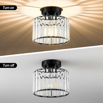 Crystal Black Semi Flush Mount Ceiling Light Modern Hallway Light Fixture Metal Close to Lamp for Entryway Bedroom(8.66 inch)