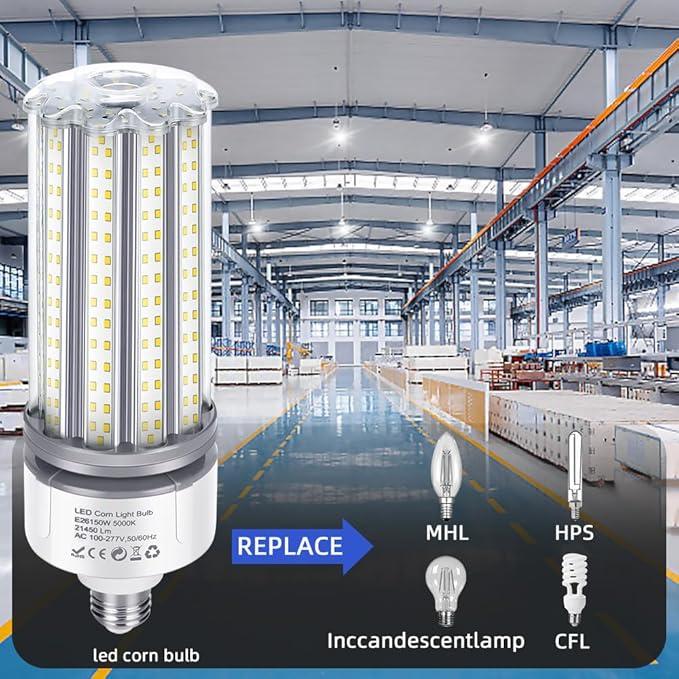 150W LED Corn Cob Light Bulb 2Pack, 700W MH/HPS Equivalent, 5000K Daylight, E26 Base with E39 Mogul Base adapters, Commercial Industrial Lighting Gyms Garage Workshop Bay Light Fixture