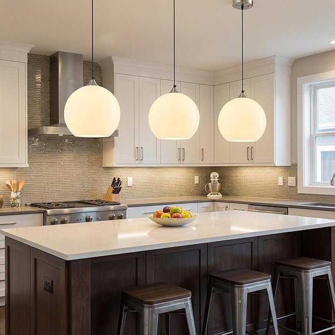 Milky Luster Glass Pendant Lights Kitchen Island Globe Pendant Light Fixtures Modern Pendant Lighting for Bedroom Living Dining Room Light Fixture (9.84 in, 1 Pack)