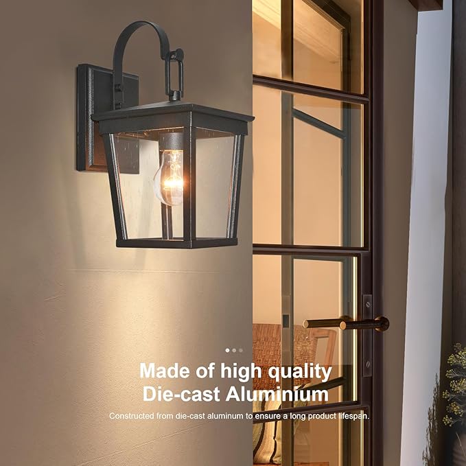 ALVIME Outdoor Wall Light Fixtures, 11 Inch 2 Pack Black Waterproof Outdoor Sconce Lights, Exterior Wall Lanterns, Porch Outside Lighting for Entryway, Backyard, Patio, E26 Base, Clear Seeded Glass
