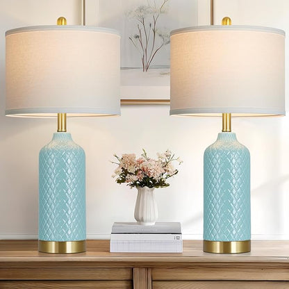26“ Aqua Blue Ceramic Table Lamps Set of 2, Coastal Ceramic Lamps for Bedroom, Modern Bedside Lamp for Living Room, Elegant Farmhouse Nightstand Lamp for Desk Side End Table Home Decor