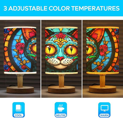 Cat Sugar Skull Table Lamp LED 3-Color Pressed Bedside, Cat Sugar Skull Shade Lamp with Wood Base for Bedroom Living Room Desk Office TL01