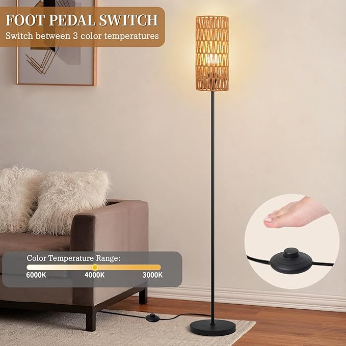 Floor Lamp for Living Room,Farmhouse Floor lamp,Modern Standing lamp with Hand-Worked Rattan Shade (Round Rattan Shade-3 Color Bulb)