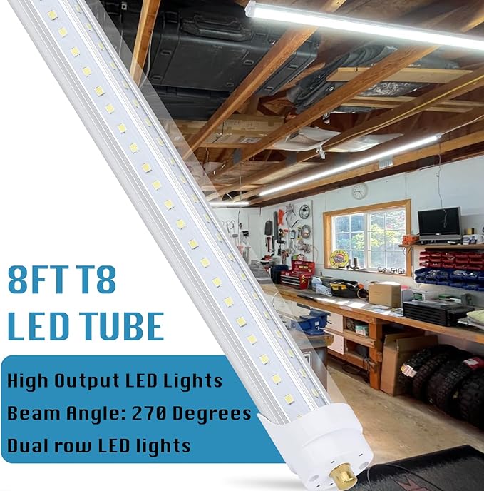 (12-Pack),T8/T10/T12 8FT LED Tube Light, Single Pin FA8 Base, 100W 15000LM 6000K Cold White, 270 Degree V Shaped LED Fluorescent Bulb (250W Equiv.), Clear Cover, Dual-Ended Power
