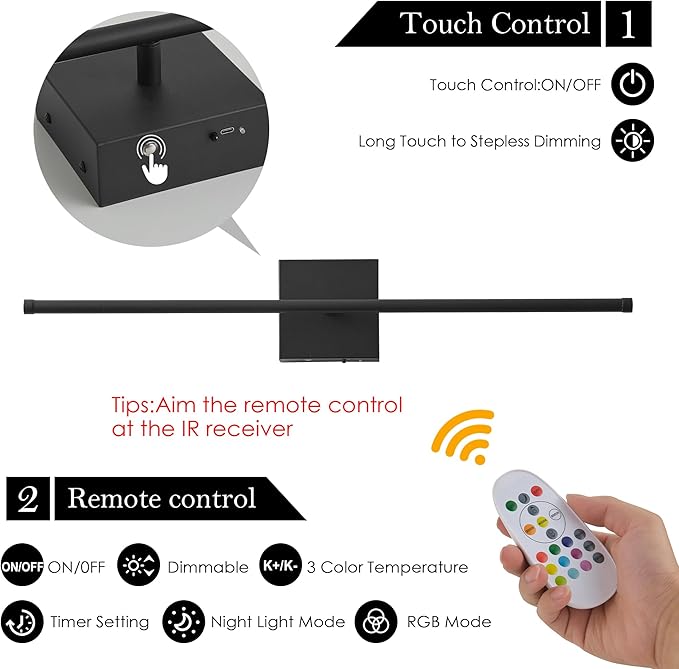 24.4 Inch 9 RGB Color Battery Operated Wireless Wall Sconces Set of Two, with Remote, Dimmable, Warm/Natural White/Daylight, Rotatable, LED Wall Light for Living Room, Bedroom, Black