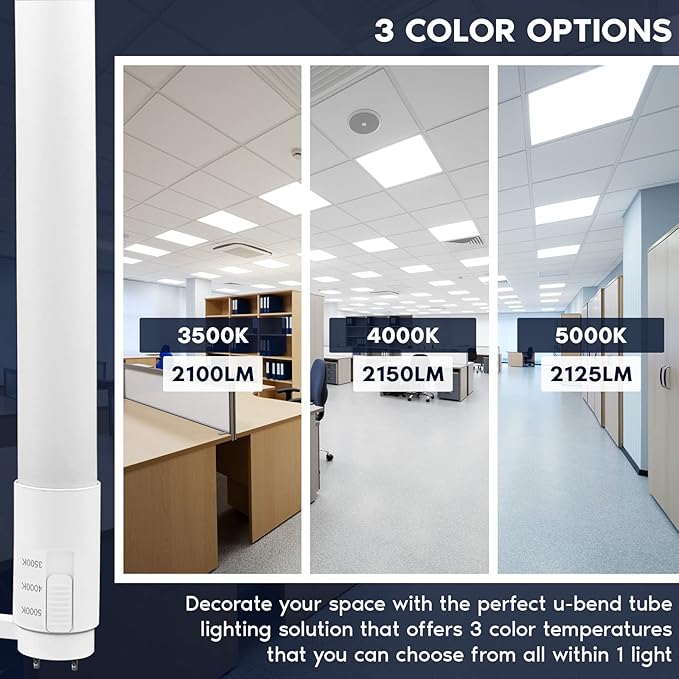 Luxrite U Bend LED Tube Light, T8 T12, 17.5W (32W Equivalent), 3 Colors 3500K | 4000K | 5000K, 2100 Lumens, Fluorescent Light Tube Replacement, Direct or Ballast Bypass, UL Certified, G13 Base, 4-Pack
