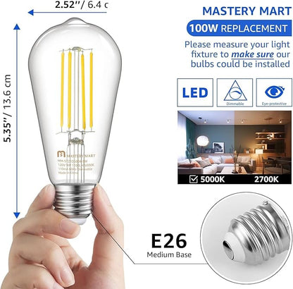 MASTERY MART 120 Pack 100 Watt Led Bulb, Edison Bulbs Dimmable Light Bulbs E26, 2700K Soft White Bright 9W 1100LM, ST21/ST64 Vintage Light Bulbs, UL Listed, Clear Glass, Decorative Light Bulb