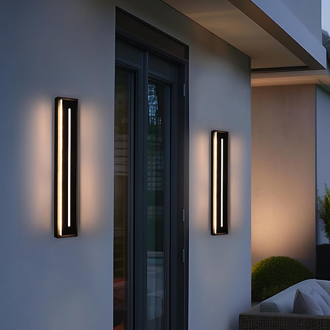 VINLUZ Linear 2 Pack 24inch Outdoor Long Modern LED Wall Light, Waterproof IP65 Warm White Dimmable Led Wall Mount Lighting Fixture Rectangular Wall Sconce with Frosted White Acrylic