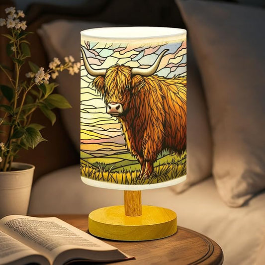 Highland Cow Table Lamp LED 3-Color Pressed Bedside, Highland Cow Shade Lamp with Wood Base for Bedroom Living Room Desk Office TL01