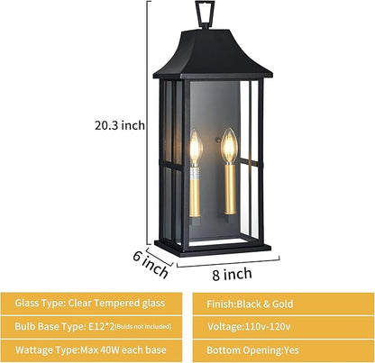 Outdoor Wall Sconce, 20.3" 2-Light in Black with Gold Rectangular Metal Frame and Clear Glass Shade Waterproof Porch Light Patio Light,Bulbs Not Included