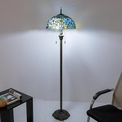 Tiffany Style Floor Lamp, 16" Stained Glass Dragonfly Shade with Antique Bronze Base, 2-Light E26 Pull Chain Standing Reading Light for Living Room, Bedroom, UL Listed, 16x16x64 Inches