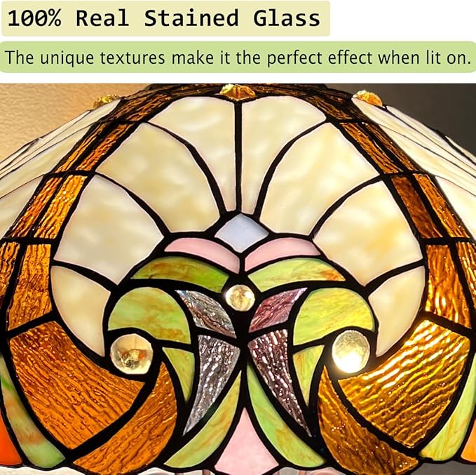 Tiffany Table Lamp Night Light 16" Wide Handmade Stained Glass Lamp Shade 3 Light Amber Cream Victorian Style Vintage Table Lamp for Home and Office