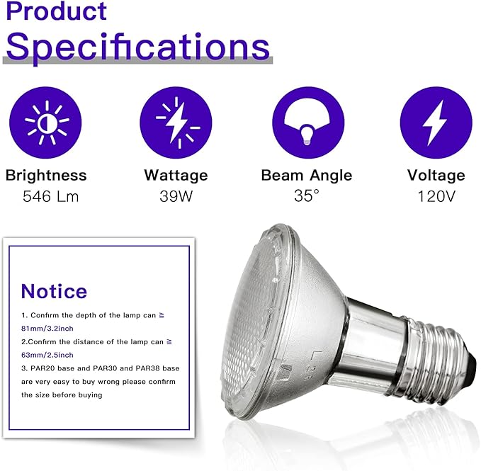 PAR20 Halogen Light Bulbs, 39W High Output (50W Replacement) PAR20 Flood Light Bulb, Dimmable, 120V 1755 Lumens 2700k Warm White, E26 Medium Base, Par20 Halogen Bulbs (2 Pack)