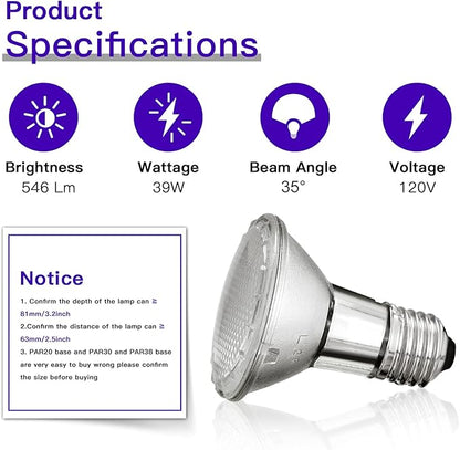 PAR20 Halogen Light Bulbs, 39W High Output (50W Replacement) PAR20 Flood Light Bulb, Dimmable, 120V 1755 Lumens 2700k Warm White, E26 Medium Base, Par20 Halogen Bulbs (2 Pack)