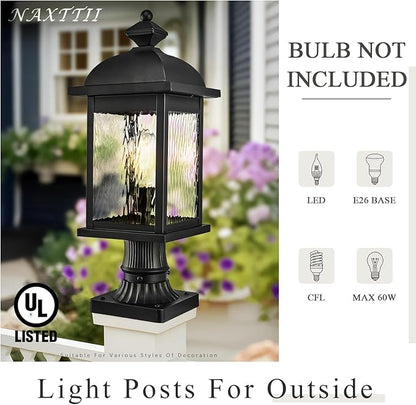 Outdoor Post Lights 21 Inch Height Large Size Lamp Post Outdoor Lighting Black Porch Lights Outdoor Pillar Lantern with Water Ripple Glass for Garden Backyard Walkway and Pathway