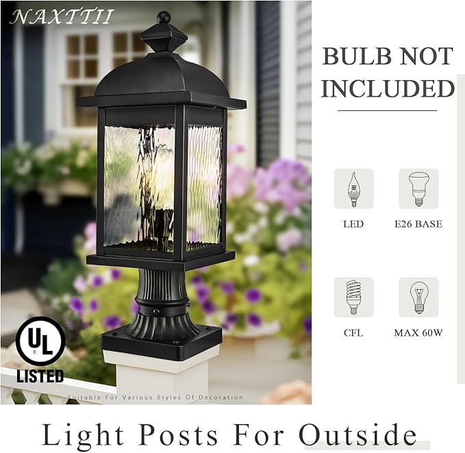 Outdoor Pole Light Aluminum Outdoor Post Light Hard Wired with Water Ripple Glass Matte Black Finish 16 Inch Height Outdoor Column Lighting E26 Socket