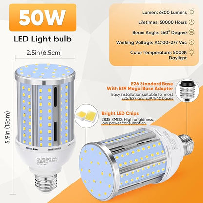 50W LED Corn Light Bulb(5 Pack),(490 Watt Equivalent) Fanless E26/E39 Medium/Large Mogul Base LED Cob Lamp 5000K Daylight 6,200LM for Outdoor Indoor Garage Warehouse Factory Workshop Street Backyard
