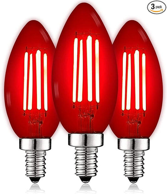 LUXRITE E12 LED Filament Red Light Bulbs, 4.5W (40W Equivalent), Colored Glass Candelabra Bulb, UL Listed, E12 Base, Indoor Outdoor, Porch, Decoration, Party, Holiday, Event, Home Lighting (3 Pack)
