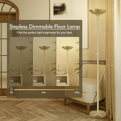 30W Torchiere Floor Lamp Gold, 3600LM Bright Stepless Dimmable Floor Lamp, 71 Inch LED Standing Lamp 3000K, Rotary Switch, I Inch Thick Pole, Tall Metal Torch Floor lamps for Living Room/Bedroom/Den