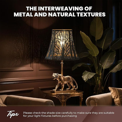 Square Cut Corner Metal Lamp Shades, 7" Top x 12" Bottom x 10.5" High Medium Bell Lampshade (Spider Fitter), Etched Forest Lampshades for Table Lamps and Floor Lamps, Bronze Gold Tree Pattern