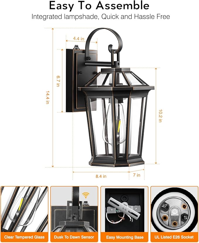 VIANIS Dusk to Dawn Outdoor Wall Lighting, Black Waterproof Exterior Lighting Fixtures for House, 100% Anti-Rust Aluminum Modern Outside Coach Light Fixture Wall Mount for Porch, Garage, Front Door