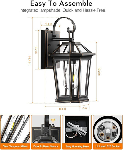 VIANIS Dusk to Dawn Exterior Light Fixture, Waterproof Outdoor Wall Sconce Porch Light for House, 100% Anti-Rust Aluminum Outside House Lights, Farmhouse Coach Lantern for Garage, Front Door 2Pcs