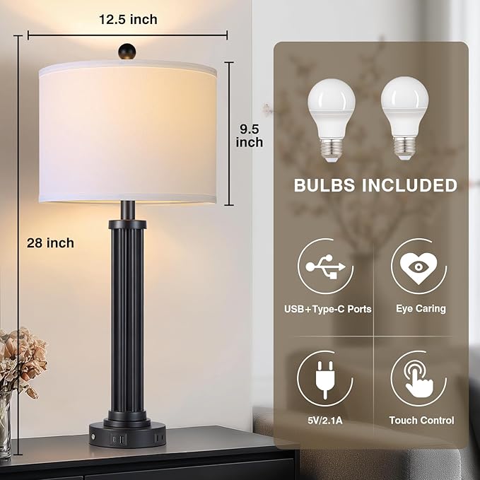 28" Tall Modern Table Lamps Set of 2 with USB C+A Ports and AC Outlet, 3 Way Touch Metal Bedside Lamps for Living Room, Black Nightstand Lamps for Bedroom