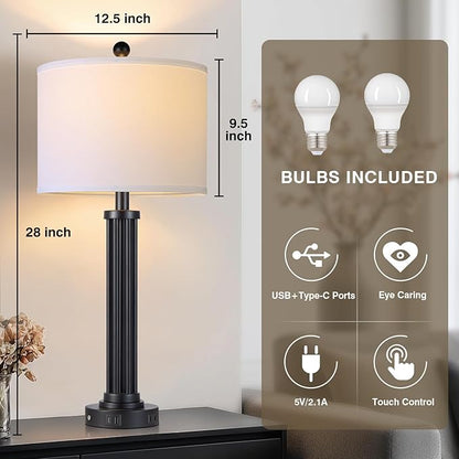 28" Tall Modern Table Lamps Set of 2 with USB C+A Ports and AC Outlet, 3 Way Touch Metal Bedside Lamps for Living Room, Black Nightstand Lamps for Bedroom