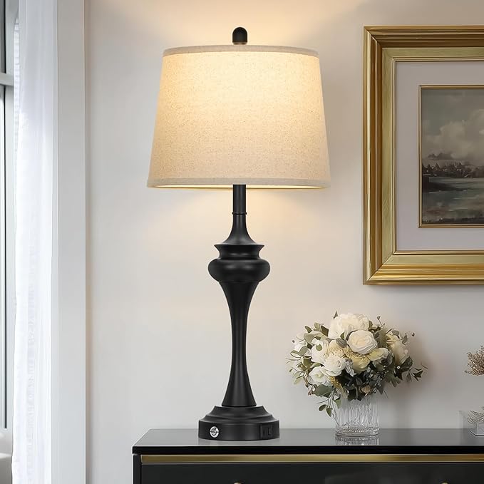 30 Inch Black Table Lamp Single, 3-Way Touch Control Bedside Lamp with USB A+C Ports, Modern Bedroom Lamps for Nightstand, Metal Living Room Lamps for Side Table Desk Office, Bulb Included