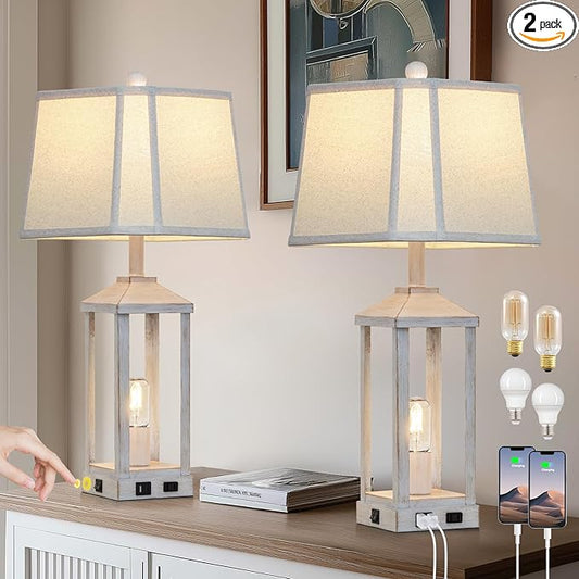 28" Set of 2 Vintage Table Lamps for Living Room，Farmhouse Industrial Nightstand Lamp with USB C+A & Outlet ，White Bedside Lamps for End Table with Nightlight, Bell Lampshades for Bedroom Nightstand