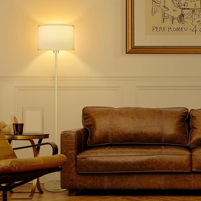 Gold Floor Lamps for Living Room, Modern Standing Lamp, White Lamp Shades, Foot Switch, Simple Pole Lamps Tall Lamp for Bedroom,Office/Living Room/Nightstand, Boho Reading Lamp(Bulb Not Included)