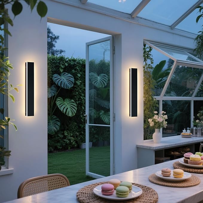 Upgrade Widened 2 Pack Outdoor Wall Light Fixture, 23.6inch Modern Long Linear LED Sconces, 3 Color 3000K/4500K/6000K, IP65 Waterproof, 24W, Exterior Lighting for House, Patio, Garage, Fence