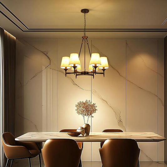 Black Chandeliers for Dining Room Light Fixtures Over Table, 6-Light Modern Farmhouse Round Chandelier with Linen Shades, Vintage Hanging Pendant Lighting for Kitchen Bedroom Living Room