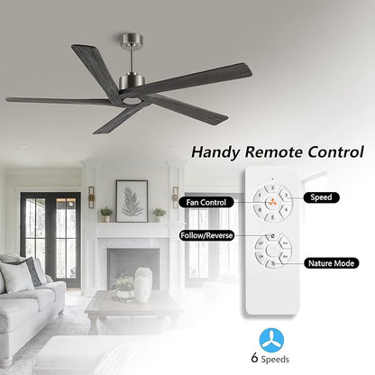 WINGBO 72 Inch DC Ceiling Fan No Light with 3 Downrods, 5 Reversible Carved Solid Wood Blades, 6-Speed Noiseless DC Motor, Large Ceiling Fan without Lights in Brushed Nickel Finish with Gray Blades