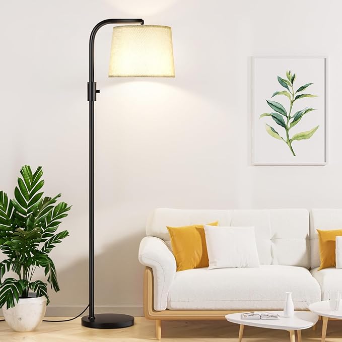 Ambimall Fully Dimmable Floor Lamp - Floor Lamps 9W LED Light Bulbs, Standing Lamps for Living Room with Adjust Head, Modern Standing Light Rotary Switch, Tall Lamp for Bedroom (Black and Linen Grey)