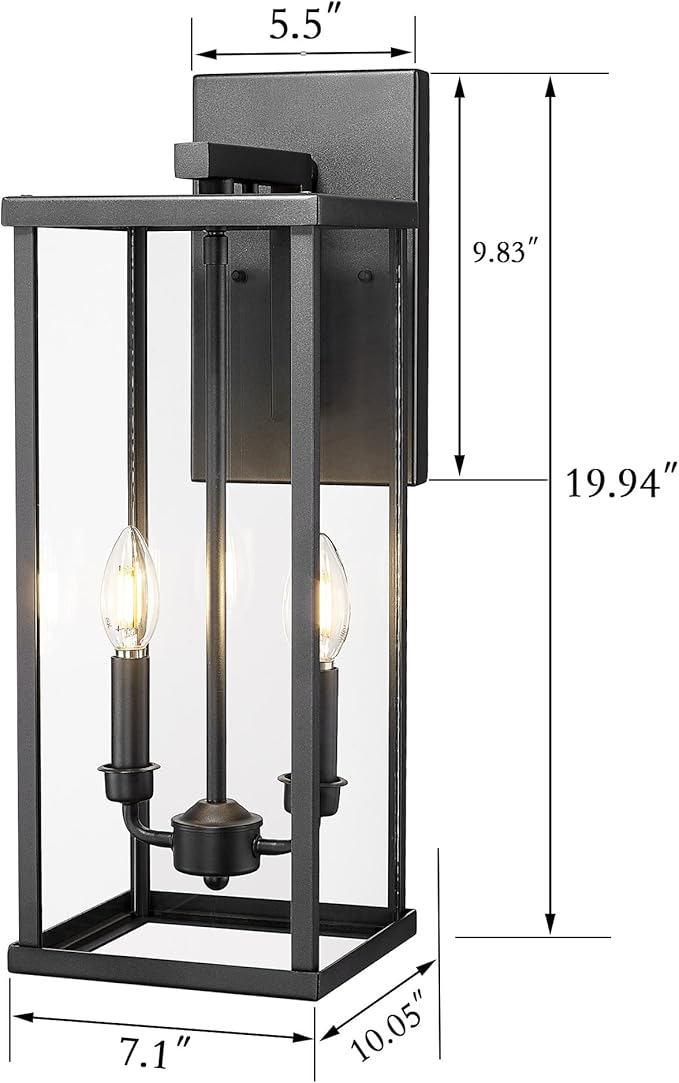 Bestshared Outdoor Wall Sconce Lights, 20 Inch Tall Exterior Wall Lighting Fixtures with Clear Glass, Anti-Rust Modern Black Outside Lantern Lamp for House Front Porch Patio(Black,20 in Height-2PACK)