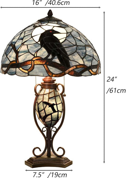 Bieye L10954 Raven Sitting on Bare Tree Branch in Full Moon Night Tiffany Style Stained Glass Table Lamp for Home Decor (Dark Blue, 16Wx24H)