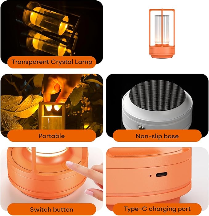 Portable Table Lamp for Indoor/Outdoor, Rechargeable Cordless Desk Lamp with Touch Sensor, 3 Way Dimmable Suitable for Bars/Cafes/Restaurants/Bedrooms/Camping Sites (Orange-2)
