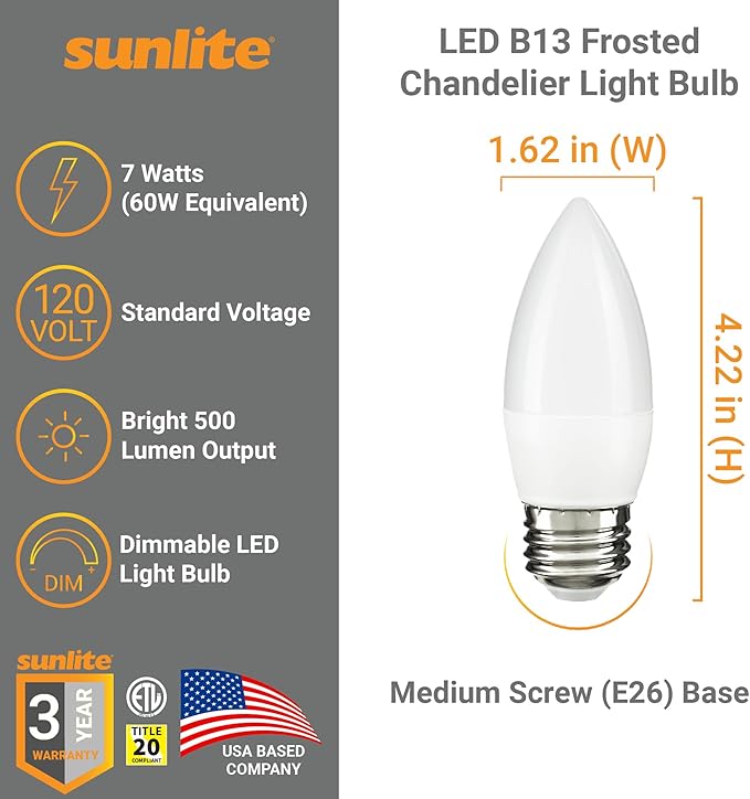 Sunlite LED B13 Torpedo Decorative Chandelier Light Bulb, 7 Watts (60W=), 500 Lumens, 120 Volts, Dimmable, E26 Base, 90 CRI, ETL Listed, Torpedo Frosted, Title-20, 5000K Daylight, 6 Pack